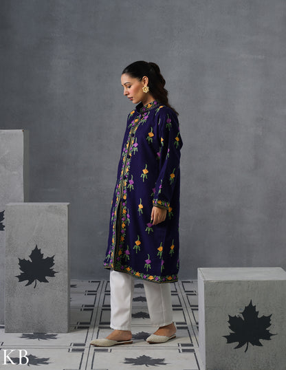 Nayaab Kashmiri Aari Embroidered Long Winter Jacket – Blue | Festive Wear - Kashmir Box