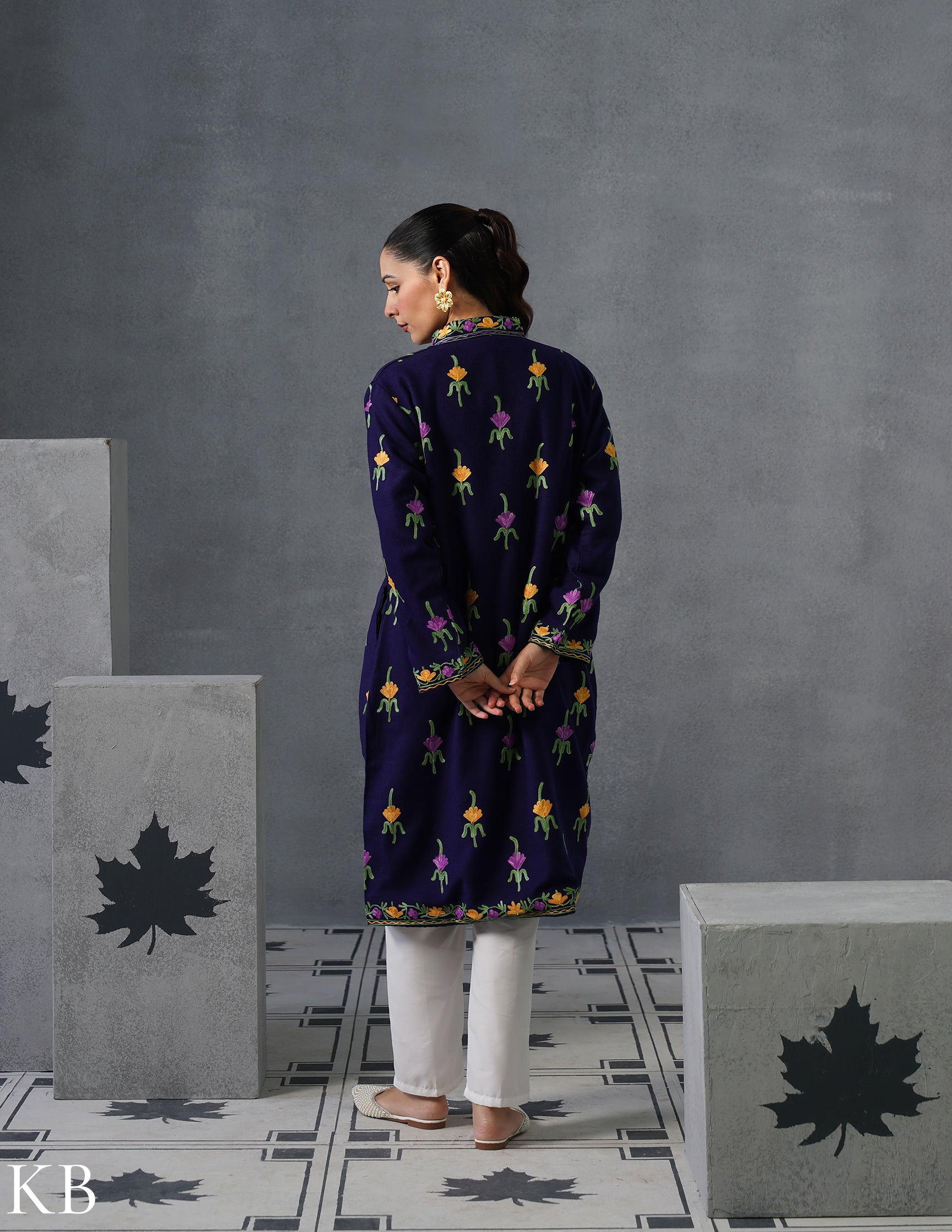 Nayaab Kashmiri Aari Embroidered Long Winter Jacket – Blue | Festive Wear - Kashmir Box