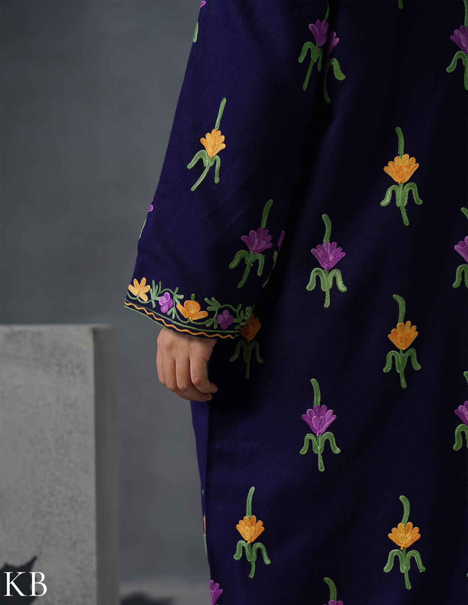 Nayaab Kashmiri Aari Embroidered Long Winter Jacket – Blue | Festive Wear - Kashmir Box