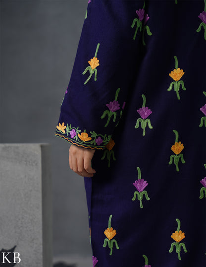 Nayaab Kashmiri Aari Embroidered Long Winter Jacket – Blue | Festive Wear - Kashmir Box