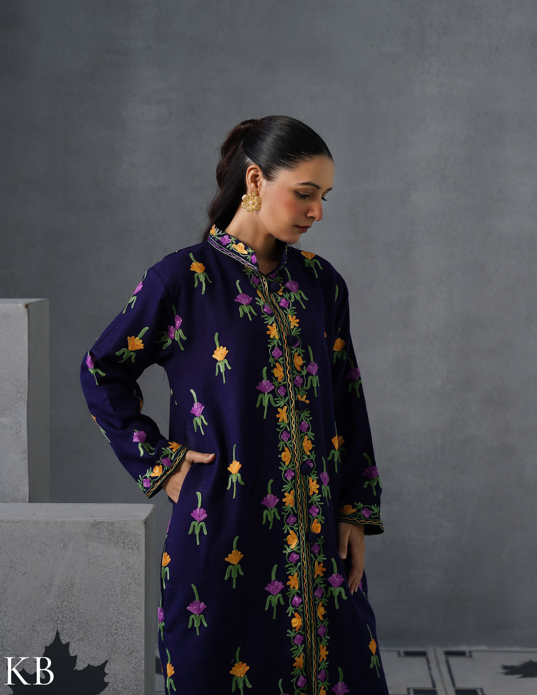 Nayaab Kashmiri Aari Embroidered Long Winter Jacket – Blue | Festive Wear - Kashmir Box