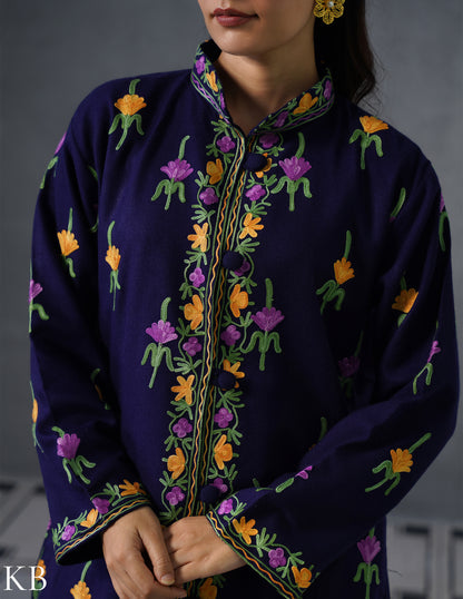 Nayaab Kashmiri Aari Embroidered Long Winter Jacket – Blue | Festive Wear - Kashmir Box