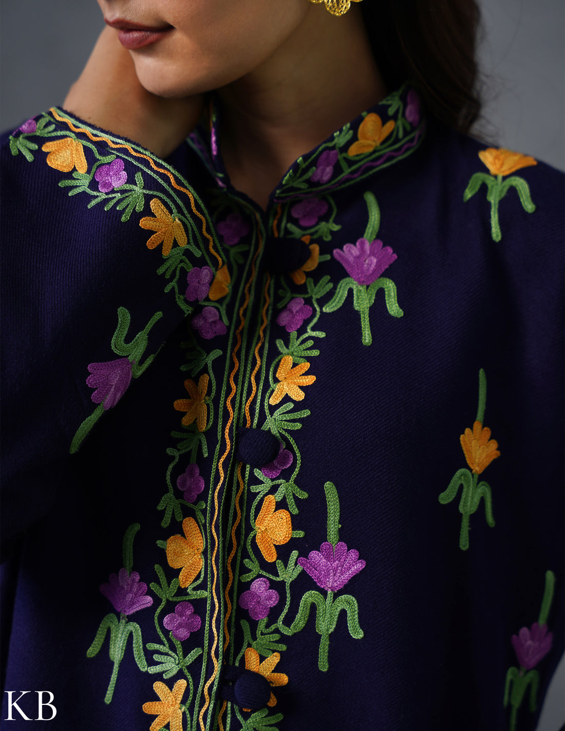 Nayaab Kashmiri Aari Embroidered Long Winter Jacket – Blue | Festive Wear - Kashmir Box