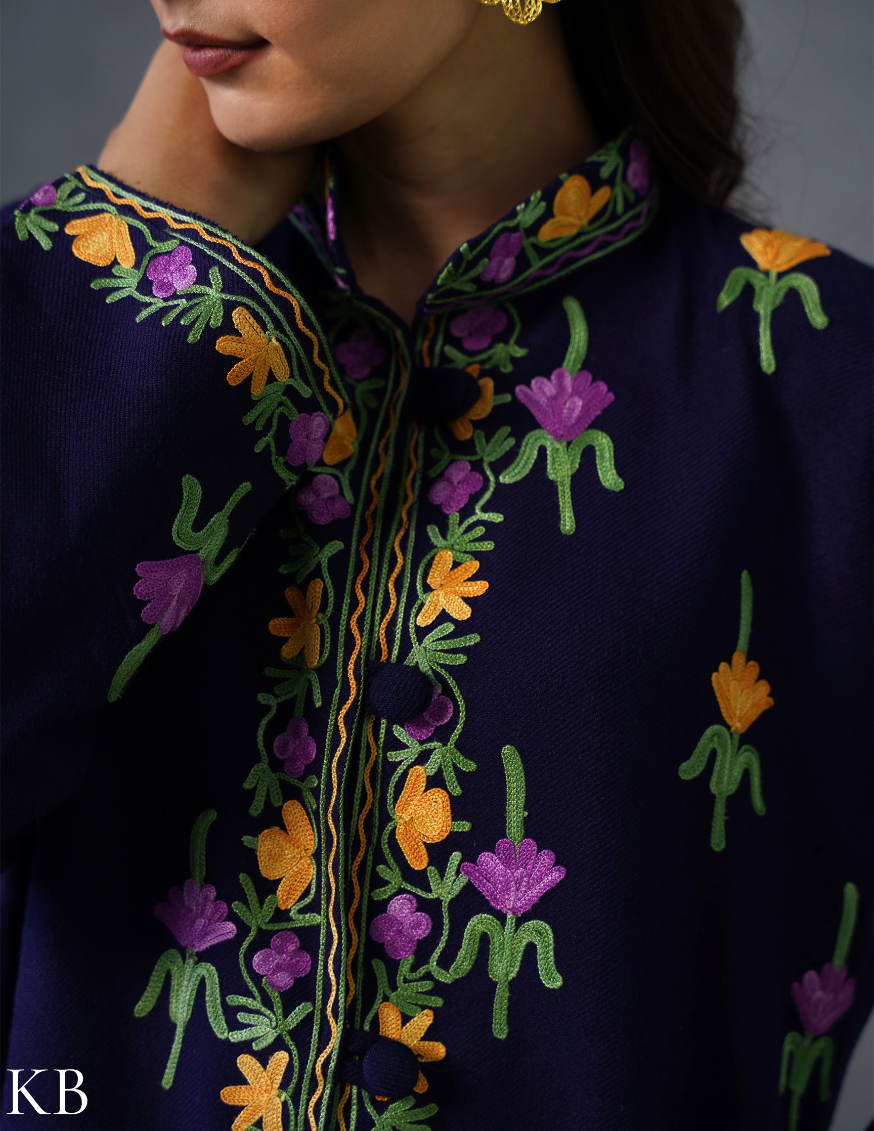 Nayaab Kashmiri Aari Embroidered Long Winter Jacket – Blue | Festive Wear - Kashmir Box