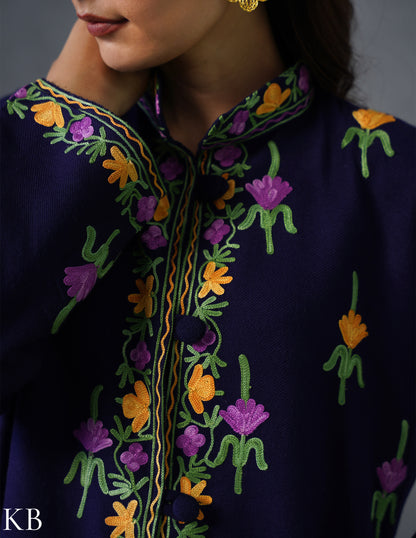 Nayaab Kashmiri Aari Embroidered Long Winter Jacket – Blue | Festive Wear - Kashmir Box