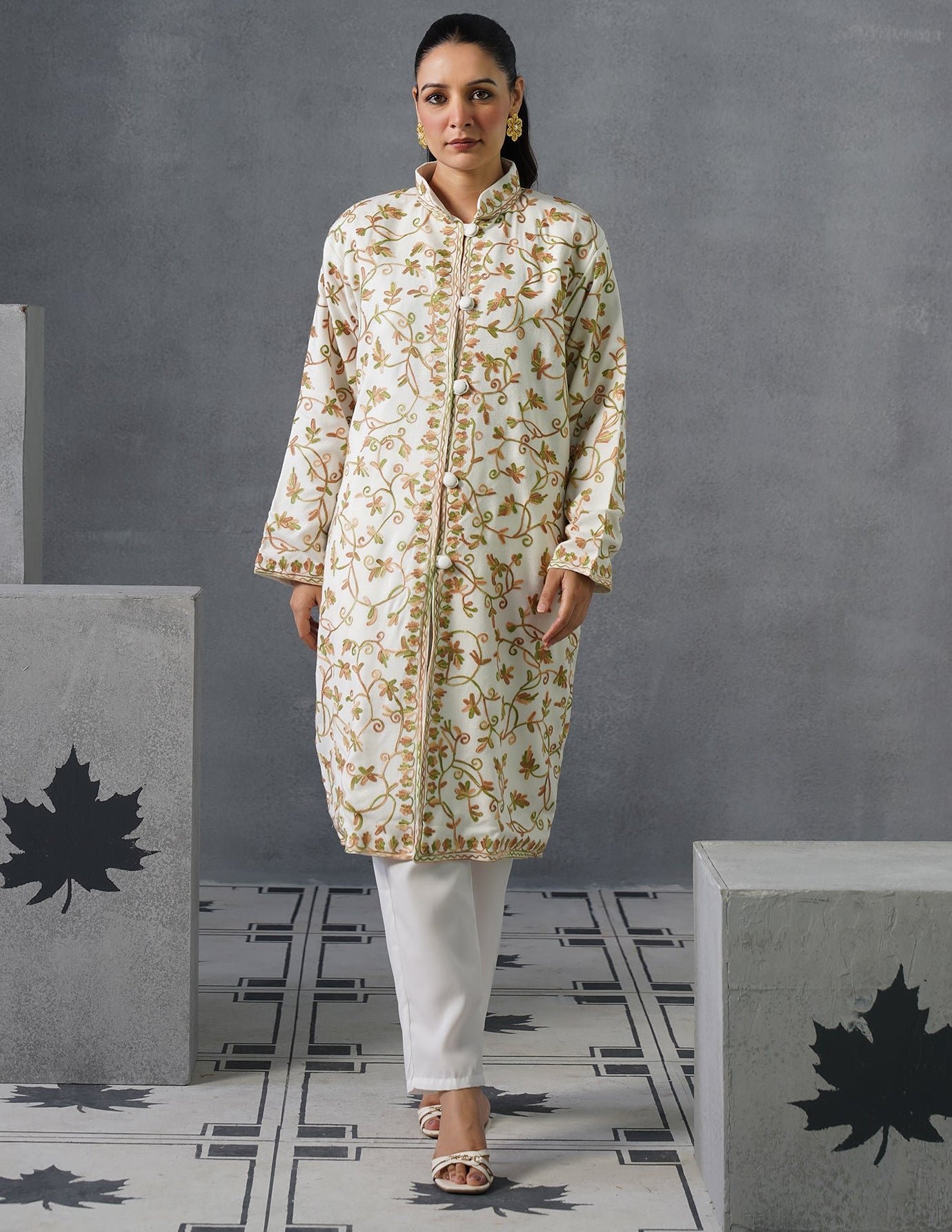 Nayaab Kashmiri Aari Embroidered Long Winter Jacket – White | Festive Wear - Kashmir Box