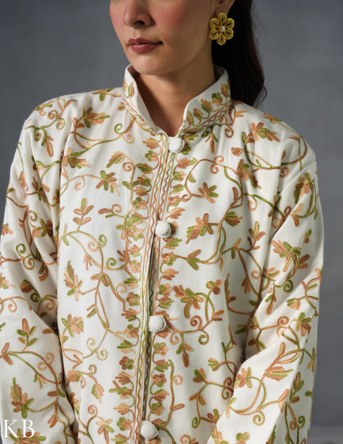 Nayaab Kashmiri Aari Embroidered Long Winter Jacket – White | Festive Wear - Kashmir Box