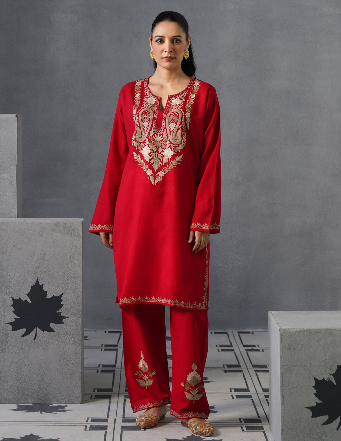 Kashmiri Multi-Toned Brown Aari Embroidered Woollen Coordset – Red | Classic Winter Wear - Kashmir Box