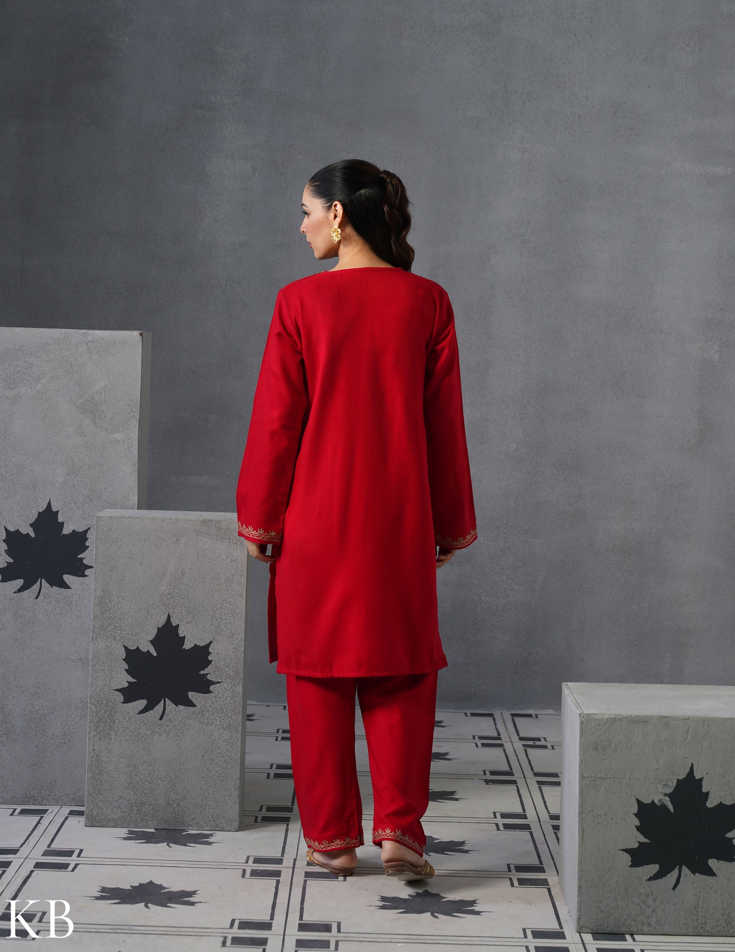 Kashmiri Multi-Toned Brown Aari Embroidered Woollen Coordset – Red | Classic Winter Wear - Kashmir Box