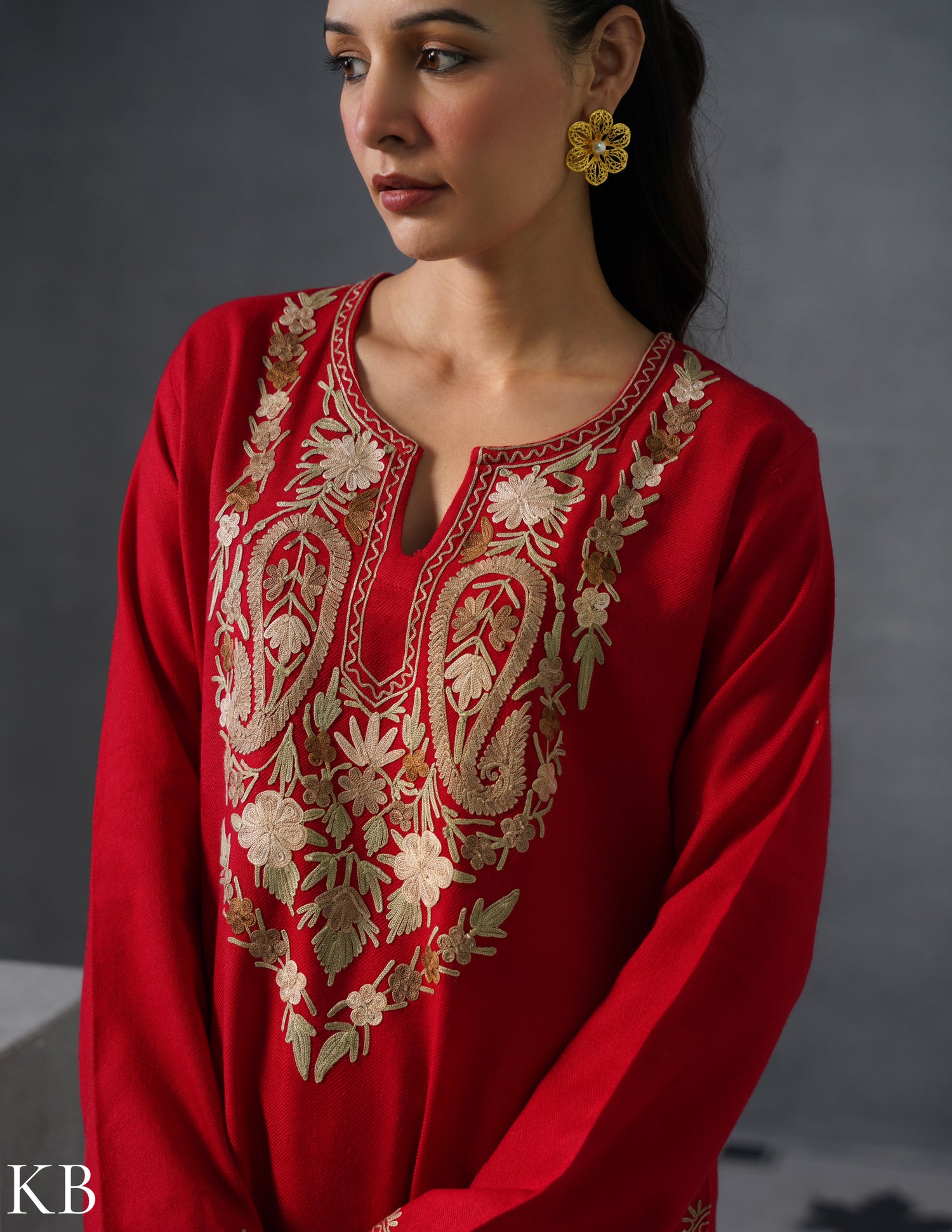 Kashmiri Multi-Toned Brown Aari Embroidered Woollen Coordset – Red | Classic Winter Wear - Kashmir Box
