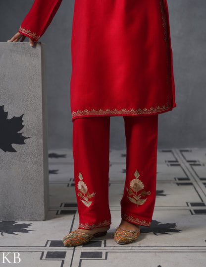 Kashmiri Multi-Toned Brown Aari Embroidered Woollen Coordset – Red | Classic Winter Wear - Kashmir Box