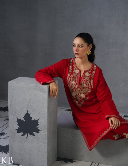 Kashmiri Multi-Toned Brown Aari Embroidered Woollen Coordset – Red | Classic Winter Wear - Kashmir Box