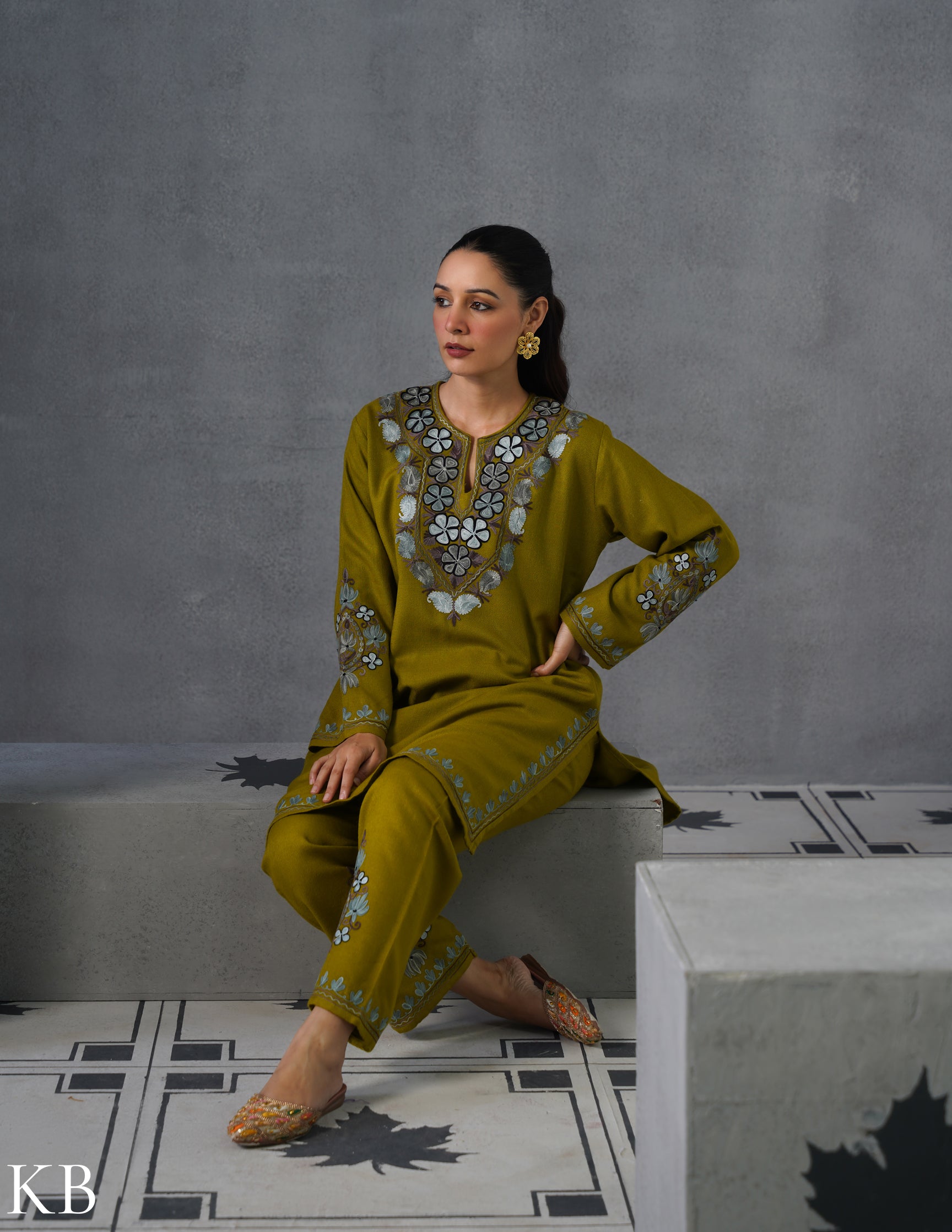 Kashmiri Grey &amp; Brown Aari Embroidered Woollen Coordset – Moong Green | Timeless Style - Kashmir Box