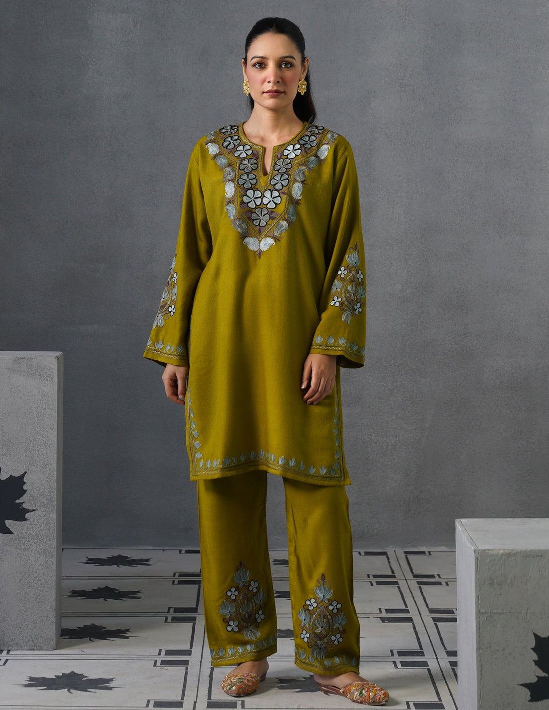 Kashmiri Grey &amp; Brown Aari Embroidered Woollen Coordset – Moong Green | Timeless Style - Kashmir Box