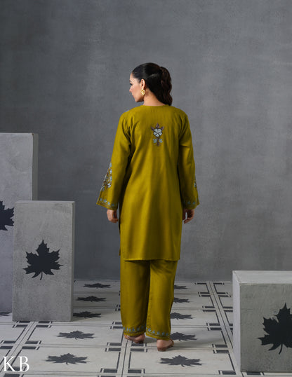 Kashmiri Grey &amp; Brown Aari Embroidered Woollen Coordset – Moong Green | Timeless Style - Kashmir Box