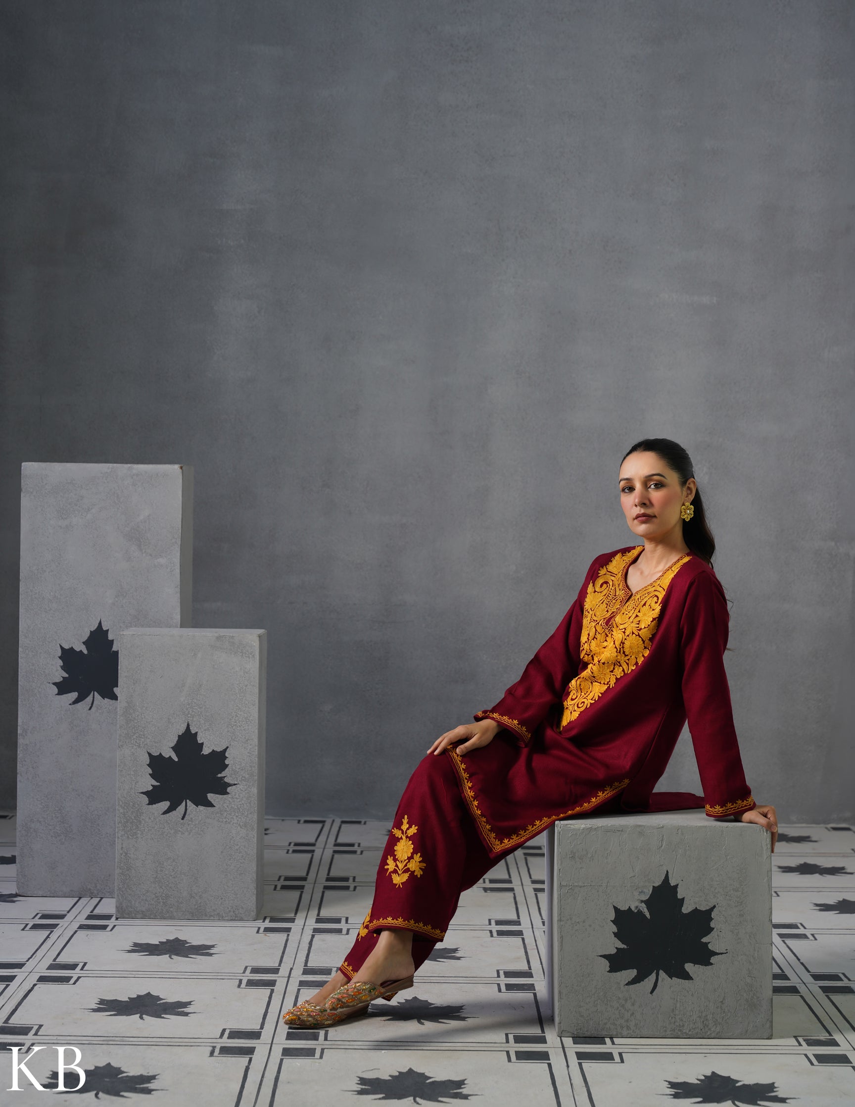 Kashmiri Mustard Aari Embroidered Woollen Coordset – Maroon | Refined Winter Wear - Kashmir Box