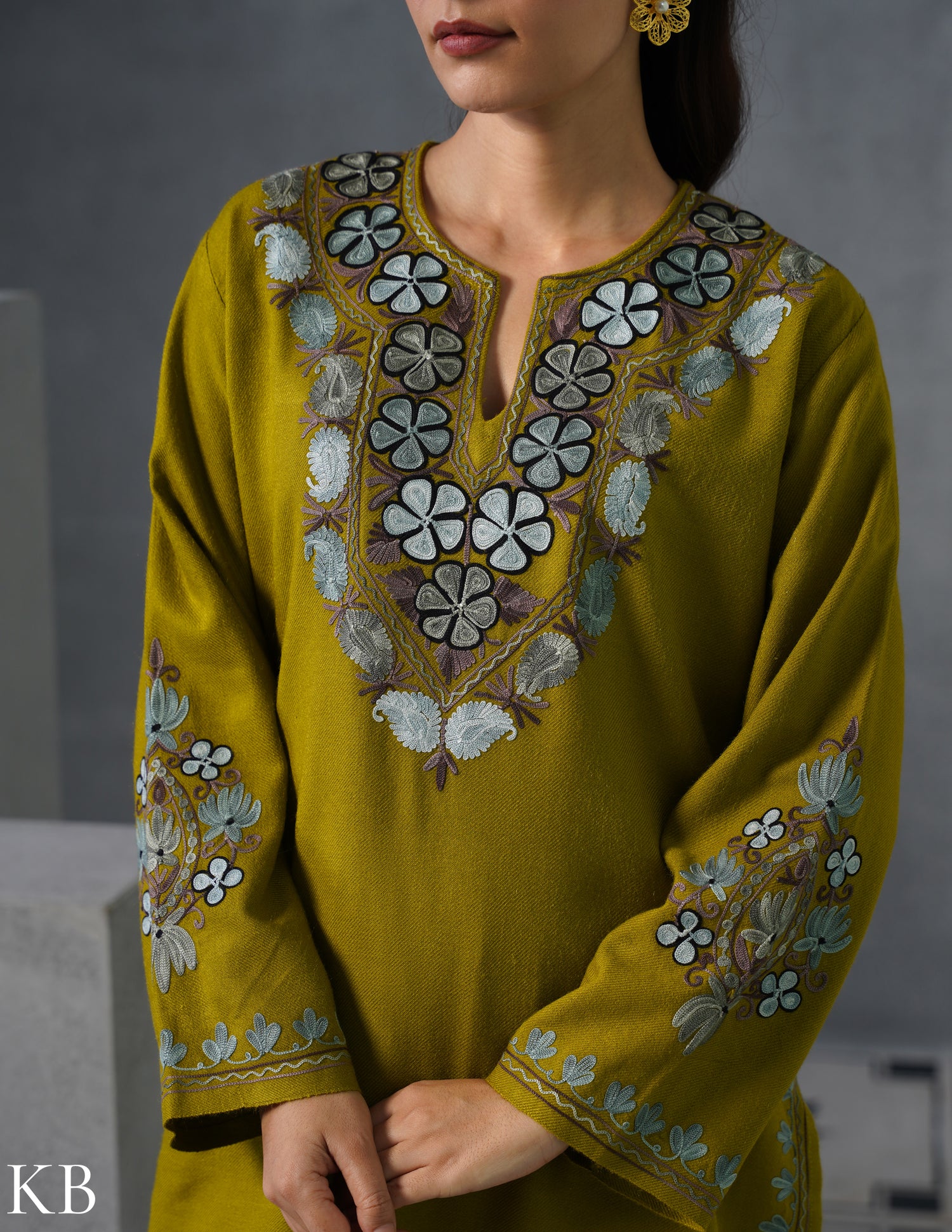 Kashmiri Grey &amp; Brown Aari Embroidered Woollen Coordset – Moong Green | Timeless Style - Kashmir Box
