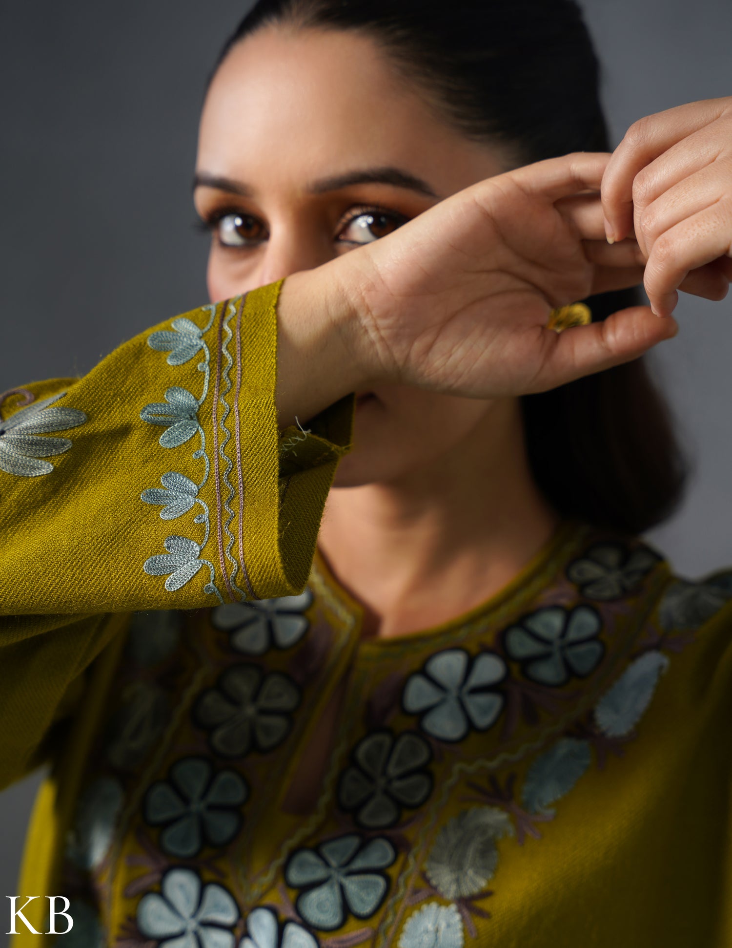 Kashmiri Grey & Brown Aari Embroidered Woollen Coordset – Moong Green | Timeless Style - Kashmir Box