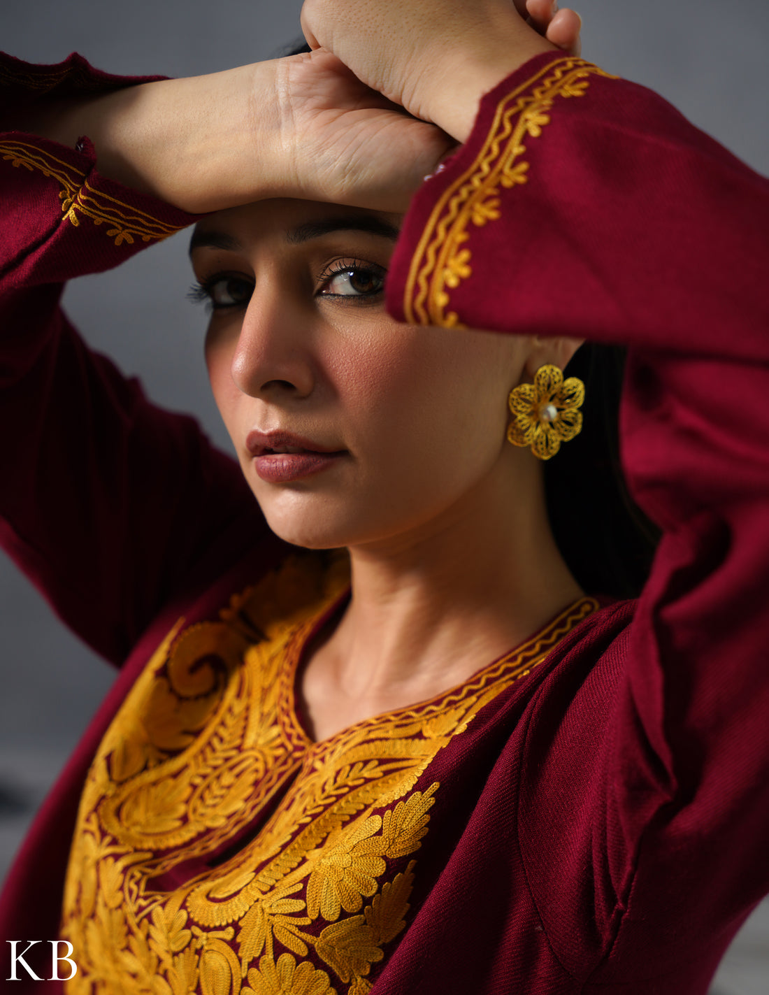 Kashmiri Mustard Aari Embroidered Woollen Coordset – Maroon | Refined Winter Wear - Kashmir Box