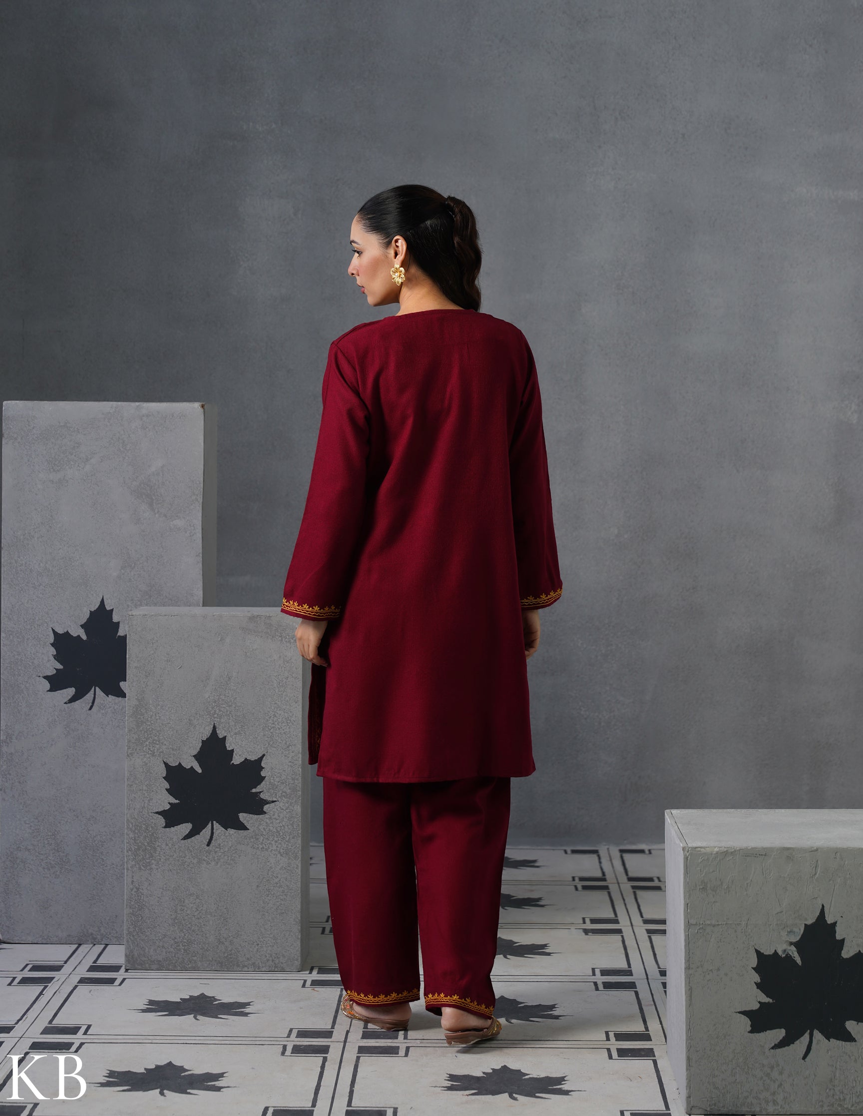 Kashmiri Mustard Aari Embroidered Woollen Coordset – Maroon | Refined Winter Wear - Kashmir Box