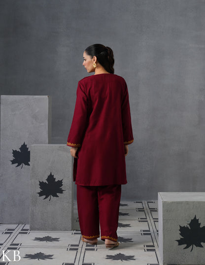 Kashmiri Mustard Aari Embroidered Woollen Coordset – Maroon | Refined Winter Wear - Kashmir Box