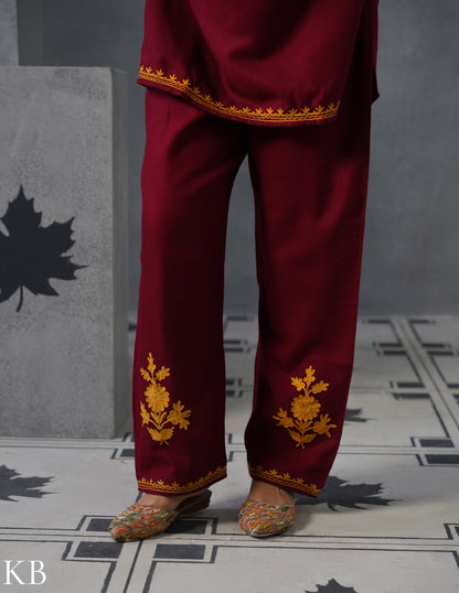 Kashmiri Mustard Aari Embroidered Woollen Coordset – Maroon | Refined Winter Wear - Kashmir Box