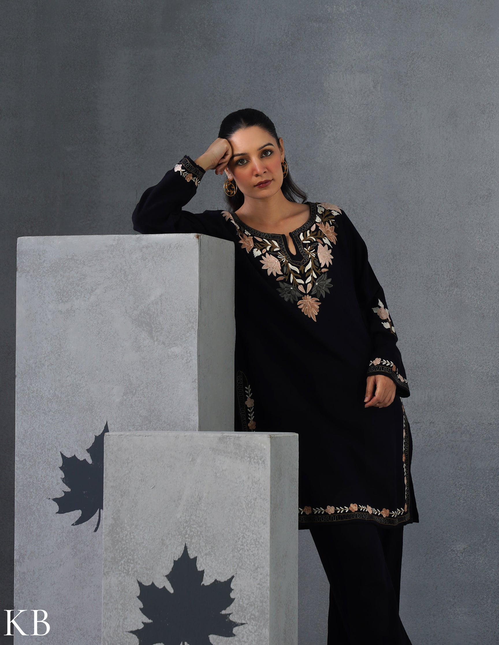 Kashmiri Aari Embroidered Woollen Coordset – Black - Kashmir Box