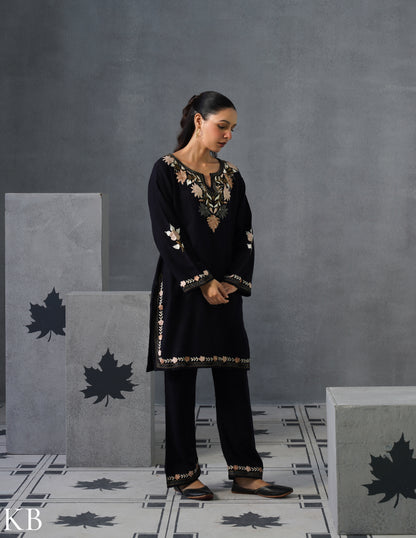 Kashmiri Aari Embroidered Woollen Coordset – Black - Kashmir Box