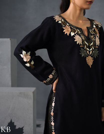Kashmiri Aari Embroidered Woollen Coordset – Black - Kashmir Box