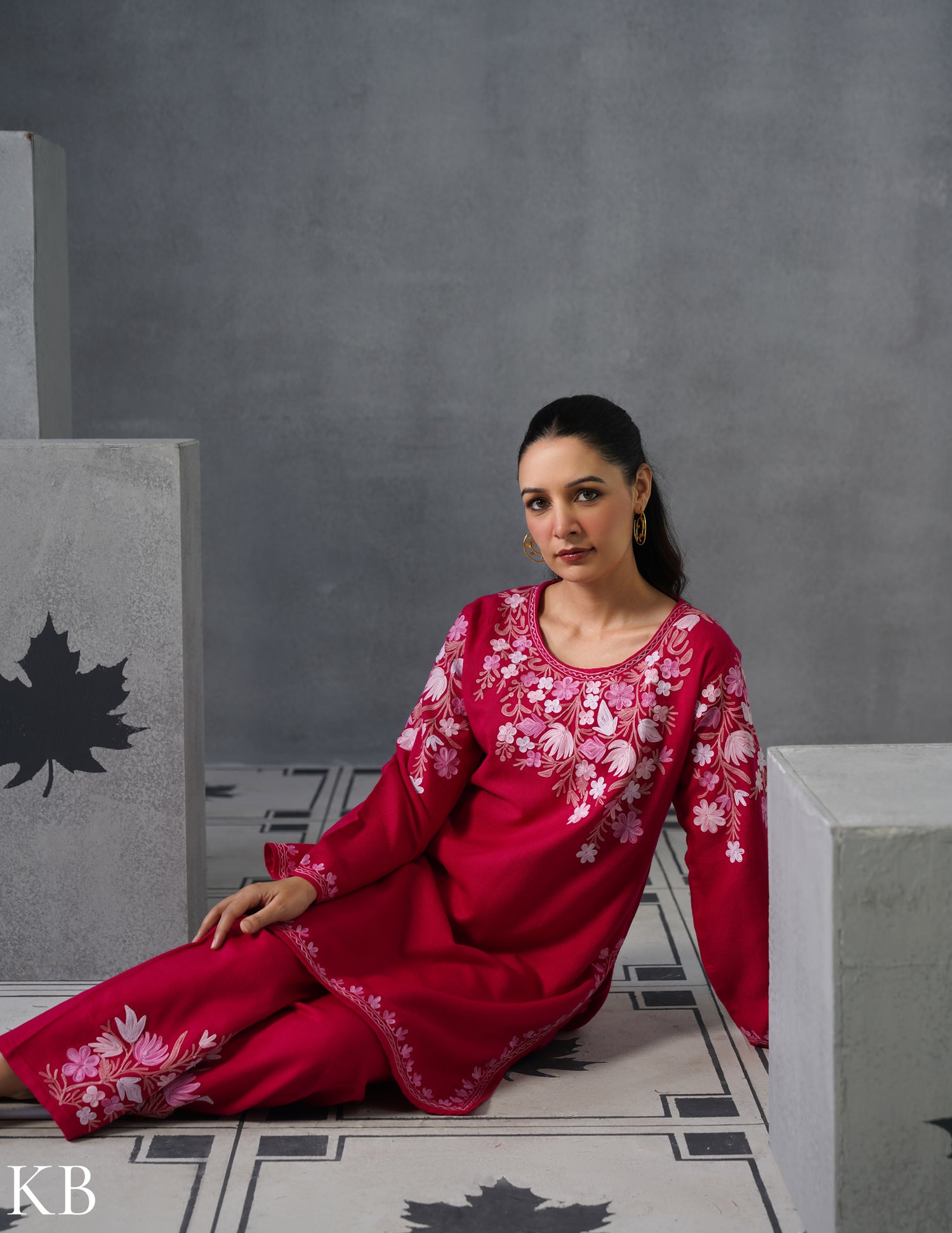 Kashmiri Baby Pink Aari Embroidered Woollen Coordset – Pink | Elegant Winter Wear - Kashmir Box