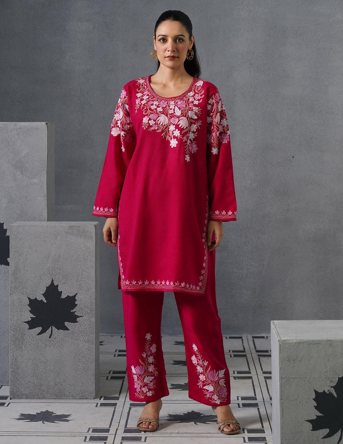 Kashmiri Baby Pink Aari Embroidered Woollen Coordset – Pink | Elegant Winter Wear - Kashmir Box