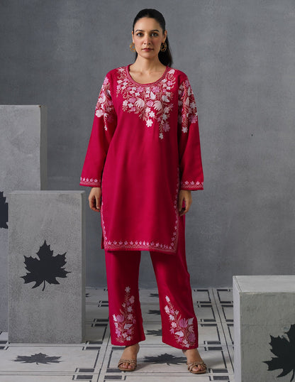 Kashmiri Baby Pink Aari Embroidered Woollen Coordset – Pink | Elegant Winter Wear - Kashmir Box