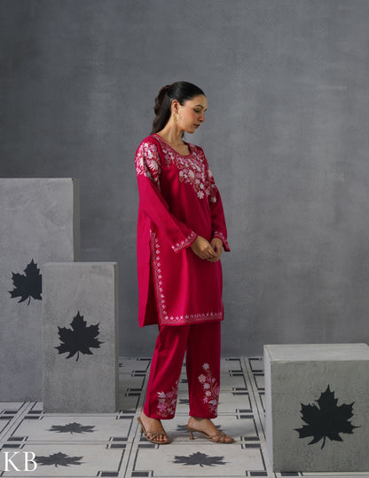 Kashmiri Baby Pink Aari Embroidered Woollen Coordset – Pink | Elegant Winter Wear - Kashmir Box