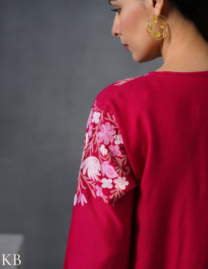 Kashmiri Baby Pink Aari Embroidered Woollen Coordset – Pink | Elegant Winter Wear - Kashmir Box