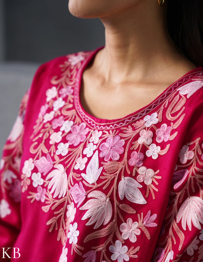 Kashmiri Baby Pink Aari Embroidered Woollen Coordset – Pink | Elegant Winter Wear - Kashmir Box