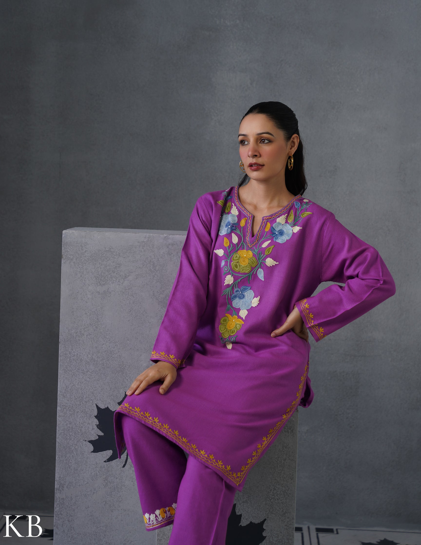 Kashmiri Multicolour Aari Embroidered Woollen Coordset – Purple | Artistic Winter Wear - Kashmir Box