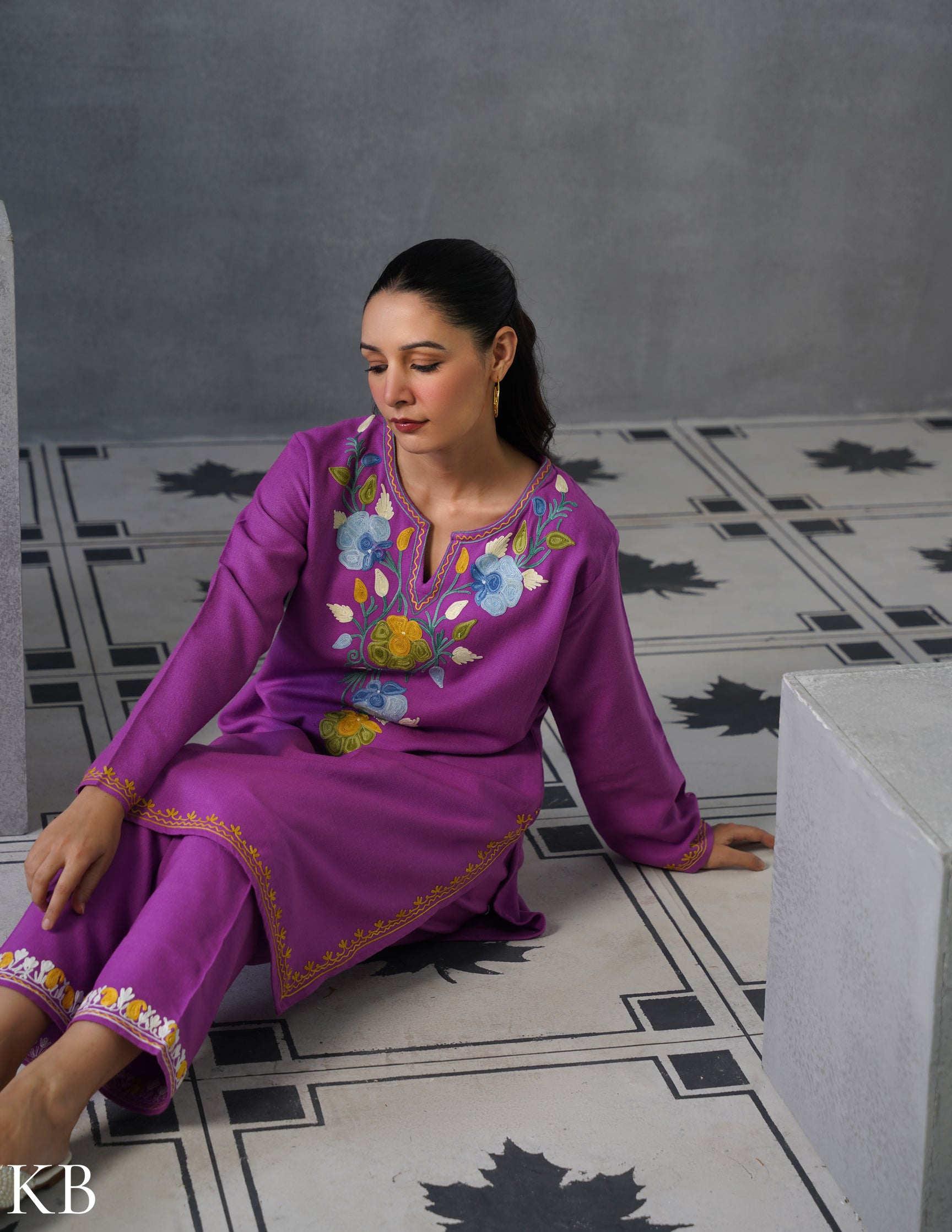 Kashmiri Multicolour Aari Embroidered Woollen Coordset – Purple | Artistic Winter Wear - Kashmir Box