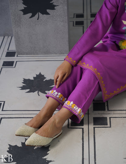 Kashmiri Multicolour Aari Embroidered Woollen Coordset – Purple | Artistic Winter Wear - Kashmir Box