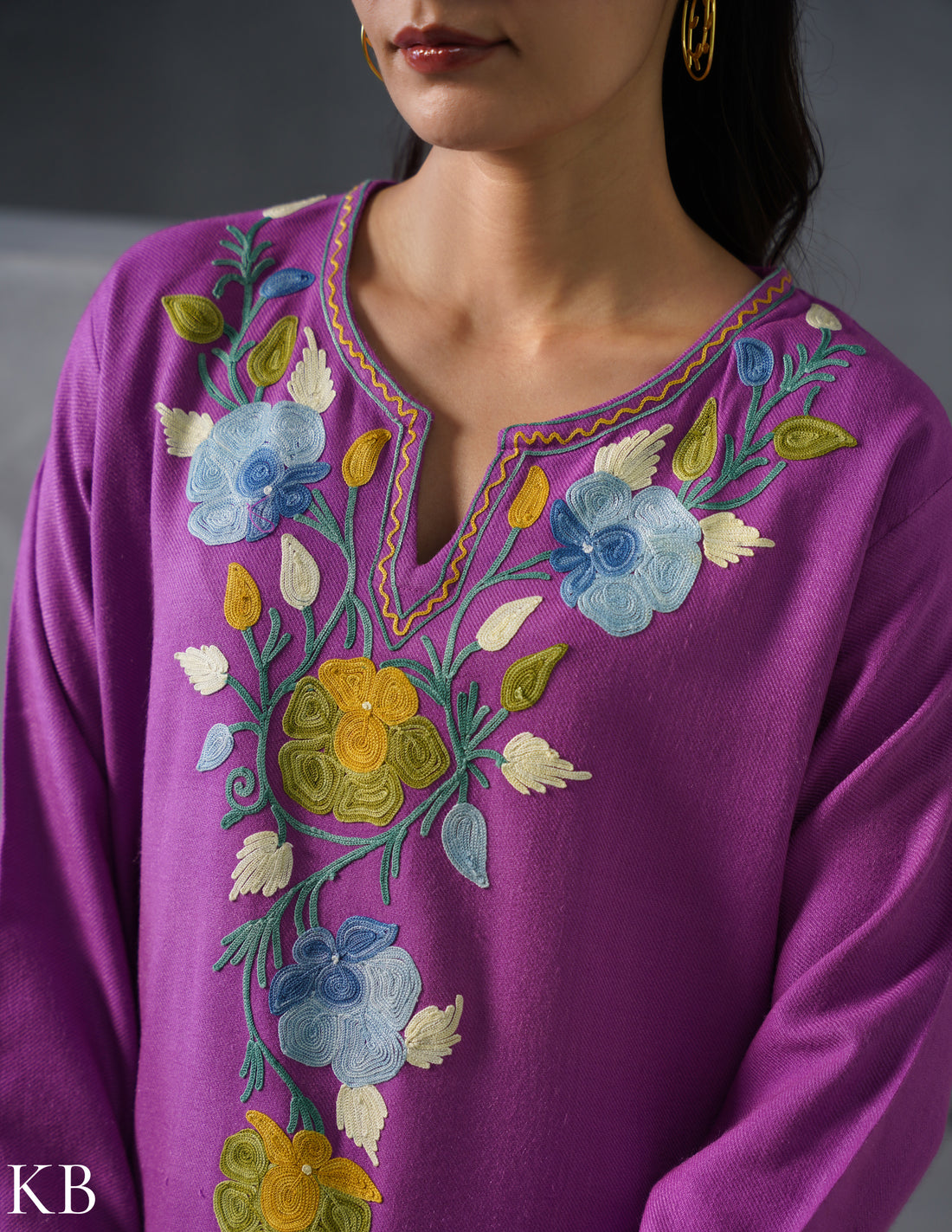 Kashmiri Multicolour Aari Embroidered Woollen Coordset – Purple | Artistic Winter Wear - Kashmir Box