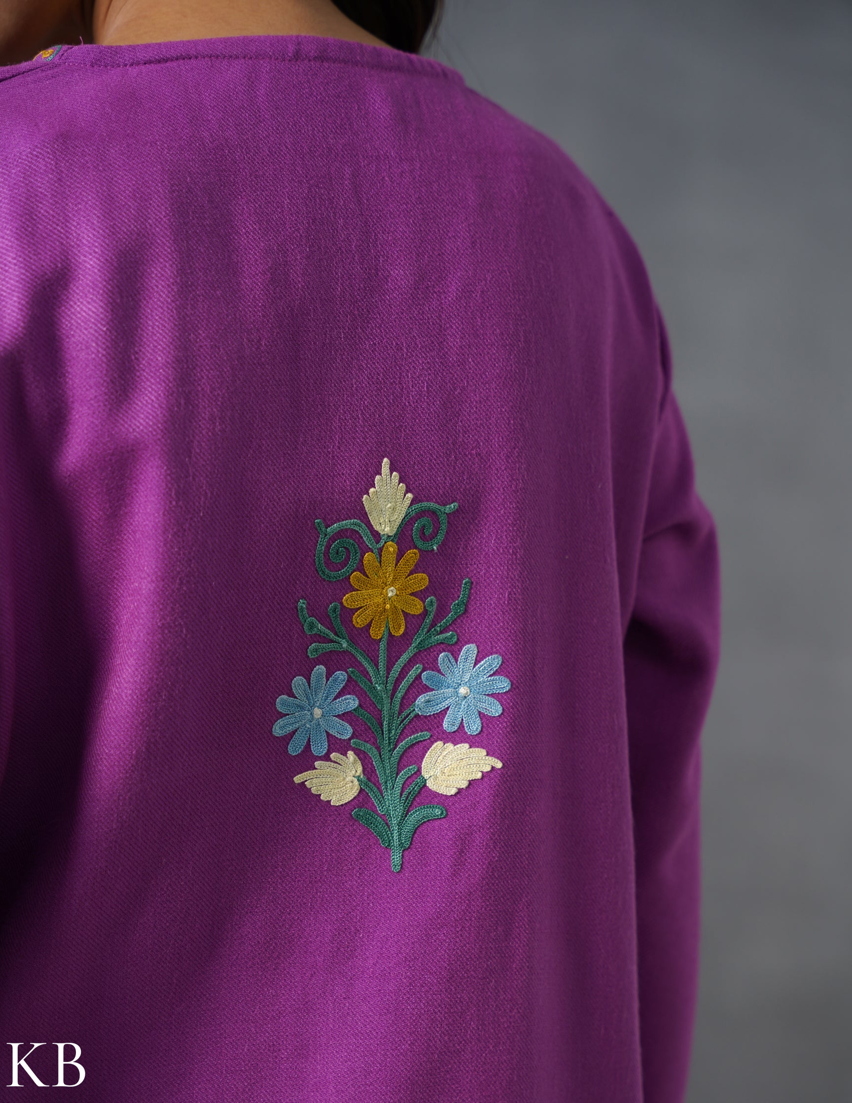 Kashmiri Multicolour Aari Embroidered Woollen Coordset – Purple | Artistic Winter Wear - Kashmir Box