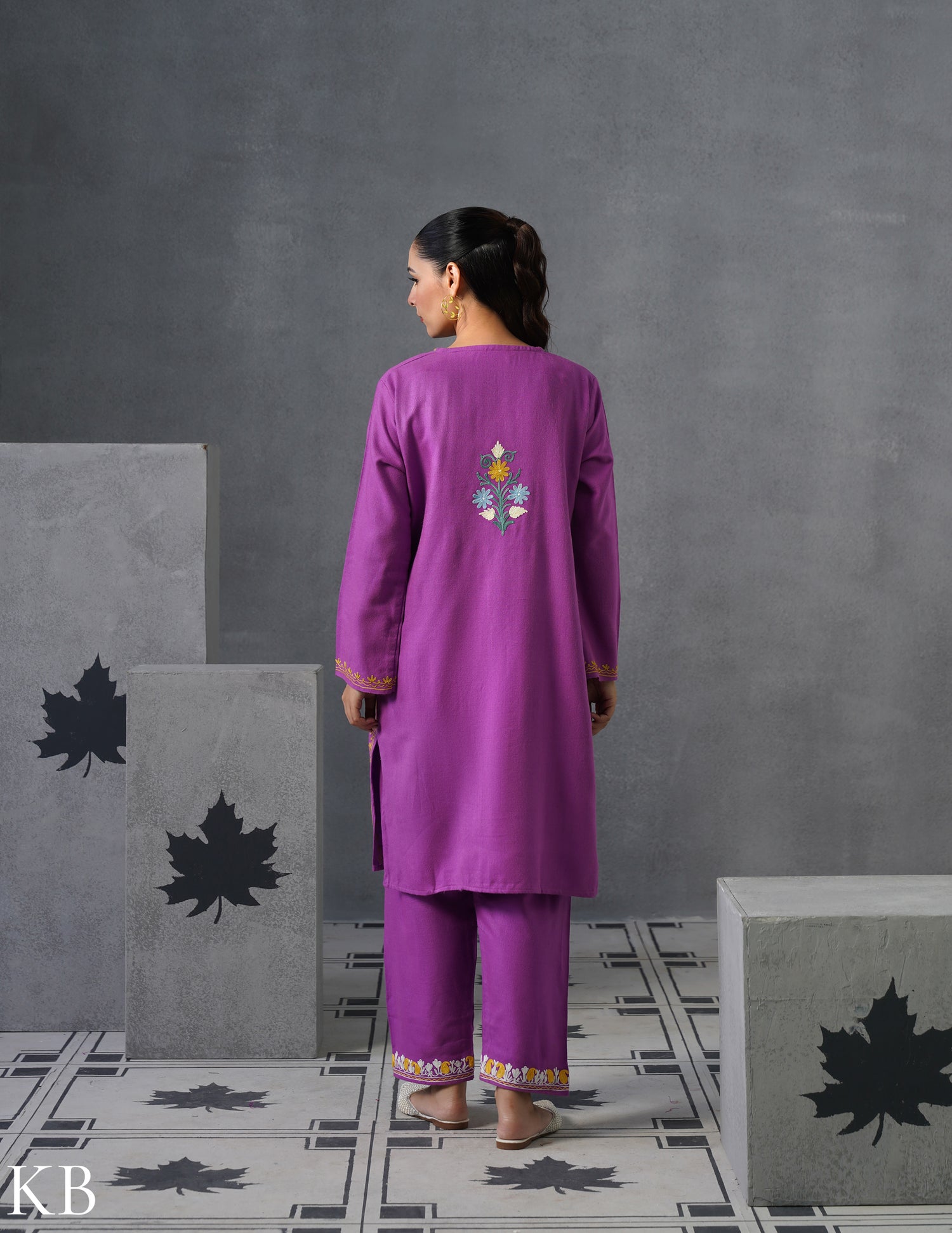 Kashmiri Multicolour Aari Embroidered Woollen Coordset – Purple | Artistic Winter Wear - Kashmir Box