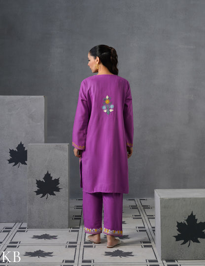 Kashmiri Multicolour Aari Embroidered Woollen Coordset – Purple | Artistic Winter Wear - Kashmir Box