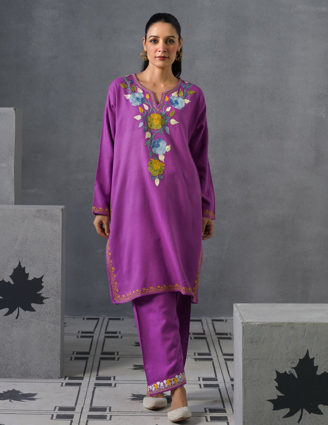Kashmiri Multicolour Aari Embroidered Woollen Coordset – Purple | Artistic Winter Wear - Kashmir Box