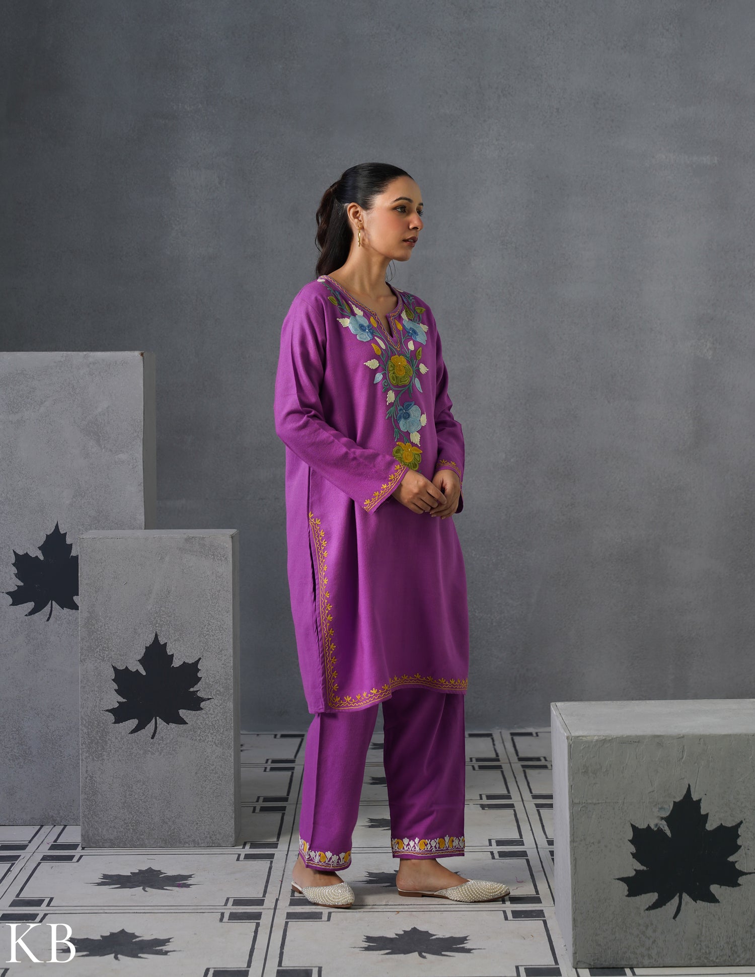 Kashmiri Multicolour Aari Embroidered Woollen Coordset – Purple | Artistic Winter Wear - Kashmir Box