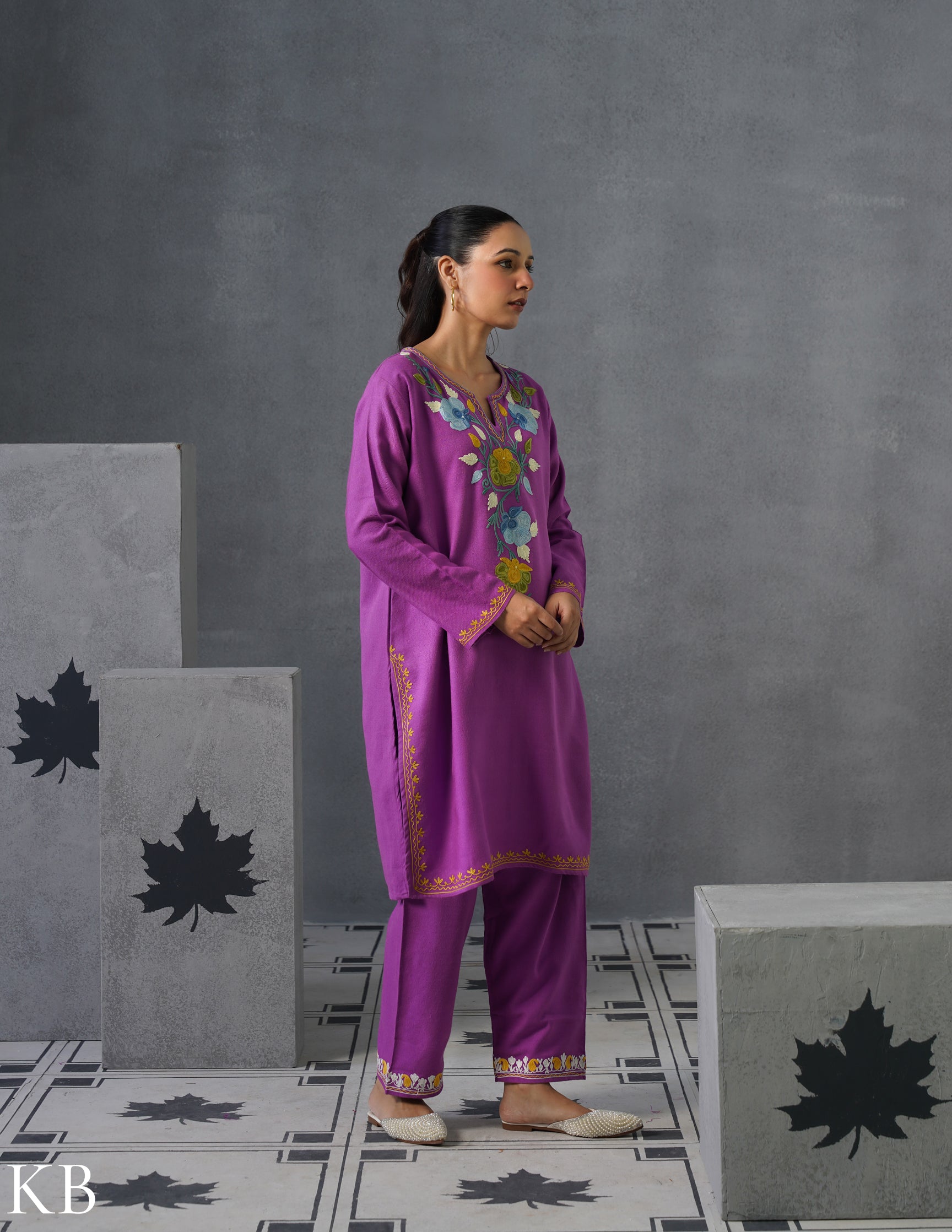 Kashmiri Multicolour Aari Embroidered Woollen Coordset – Purple | Artistic Winter Wear - Kashmir Box