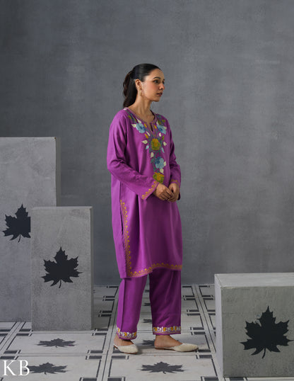Kashmiri Multicolour Aari Embroidered Woollen Coordset – Purple | Artistic Winter Wear - Kashmir Box