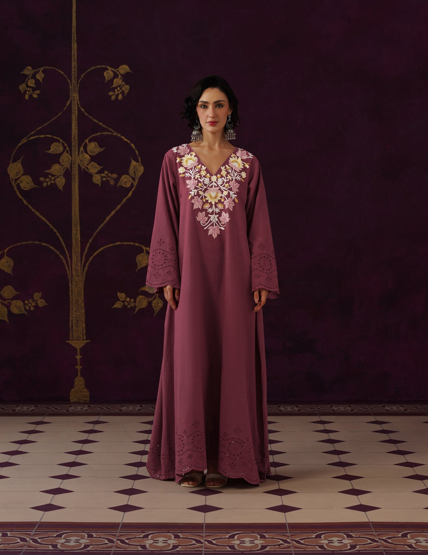 Maroon Schiffli &amp; Aari Embroidered Cambric Cotton Gown