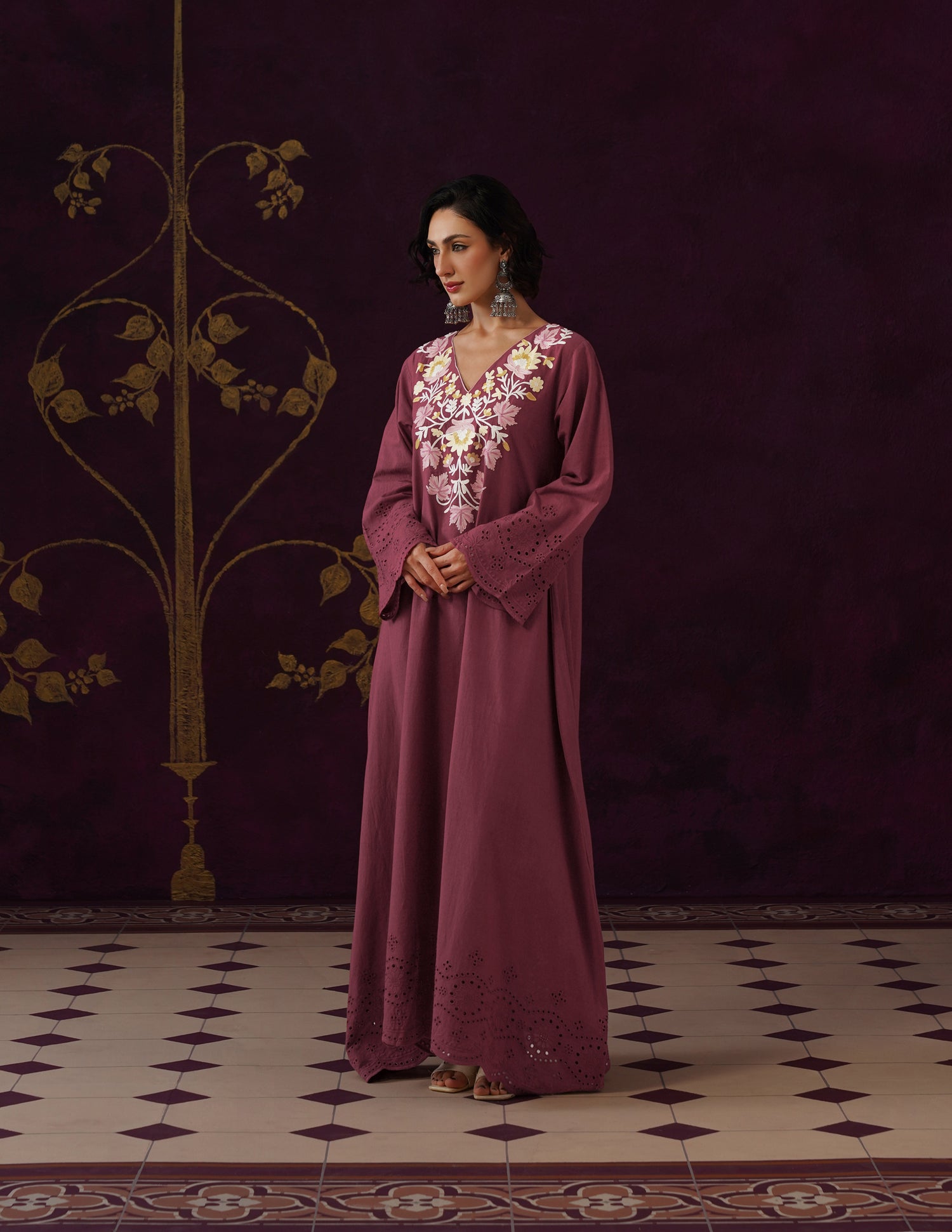 Maroon Schiffli &amp; Aari Embroidered Cambric Cotton Gown