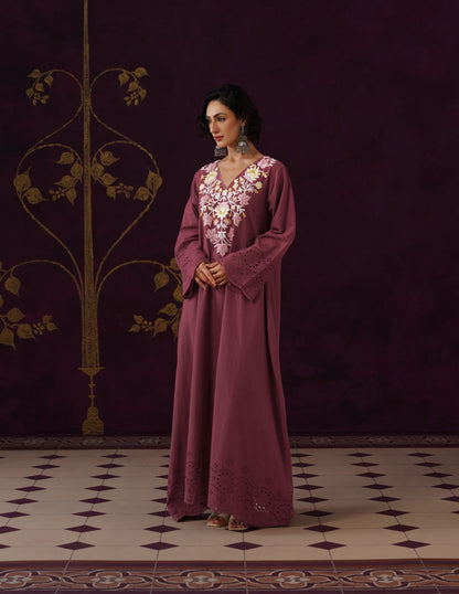 Maroon Schiffli &amp; Aari Embroidered Cambric Cotton Gown