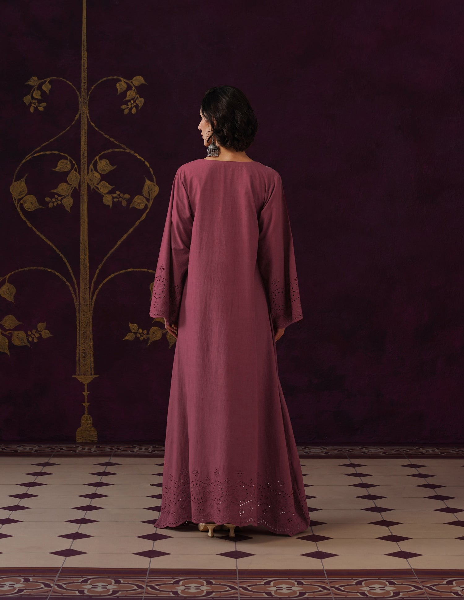 Maroon Schiffli &amp; Aari Embroidered Cambric Cotton Gown